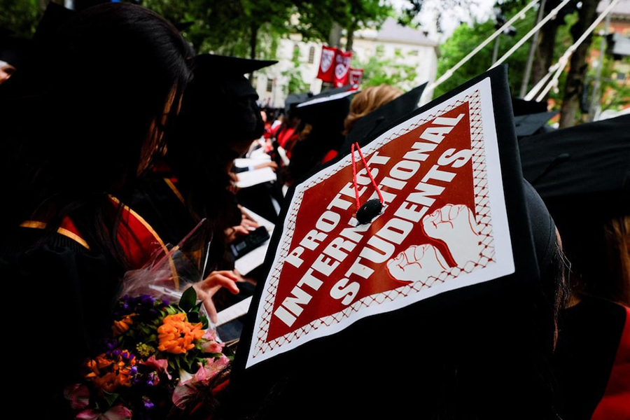 A graduating student wears their hat, decorated with a statement of support for international students, during the 374th Commencement exercises at Harvard University in Cambridge, Massachusetts, US on May 29, 2025 — Reuters photo