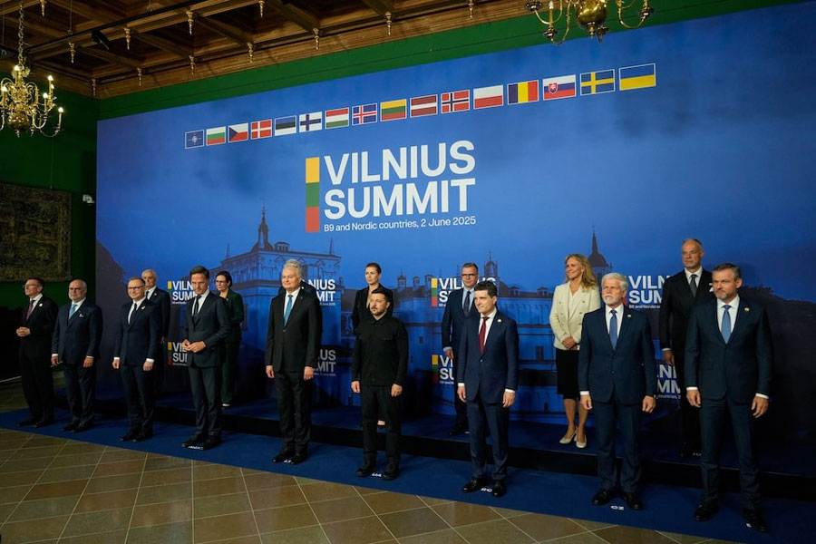 Latvian President Edgars Rinkevics, Estonian President Alar Karis, Polish President Andrzej Duda, NATO Secretary General Mark Rutte, Lithuania's President Gitanas Nauseda, Ukraine's President Volodymyr Zelenskiy, Romanian President Nicusor Dan, Czech Republic's President Petr Pavel, Slovakia's President Peter Pellegrini, Bulgarian Defense Minister Atanas Zapryanov, Swedish Foreign Minister Maria Malmer Stenergard, Danish Prime Minister Mette Frederiksen, Finnish Prime Minister Petteri Orpo, Iceland's Foreign Minister Katrin Gunnarsdottir and Hungarian Defence Minister Kristof Szalay-Bobrovniczky pose for a family picture during the NATO Bucharest Nine meeting in Vilnius, Lithuania June 2, 2025.