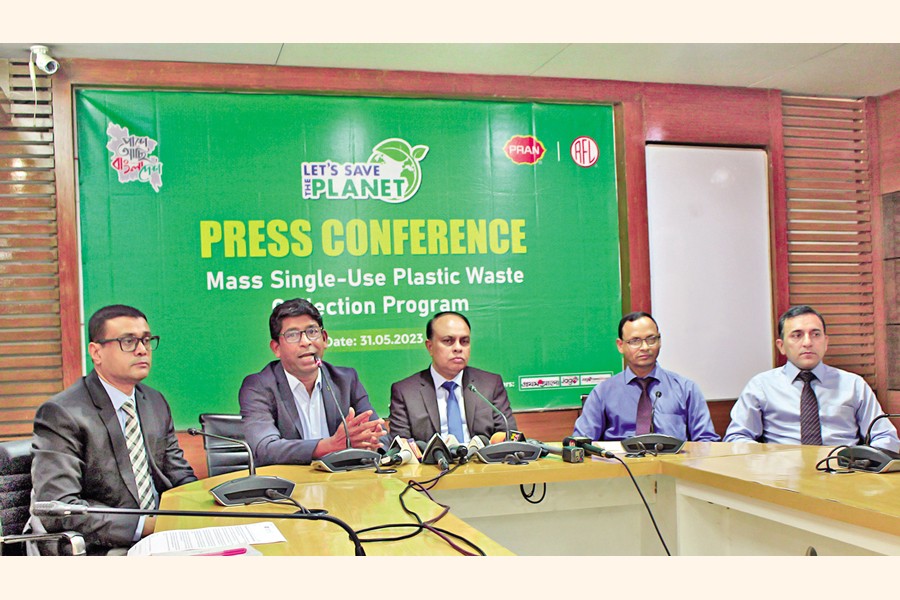 Eleash Mridha, managing director of PRAN Group, and RN Paul, managing director of RFL Group, presented the details of the "Let's Save the Planet" campaign at a press conference at PRAN-RFL Group head office in the city on Wednesday.