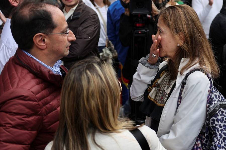 Ingrid Betancourt reacts, as people gather for a march in support of Colombian Senator Miguel Uribe Turbay of the opposition Democratic Center party, who was shot during a campaign event, in Bogota, Colombia, June 8, 2025.