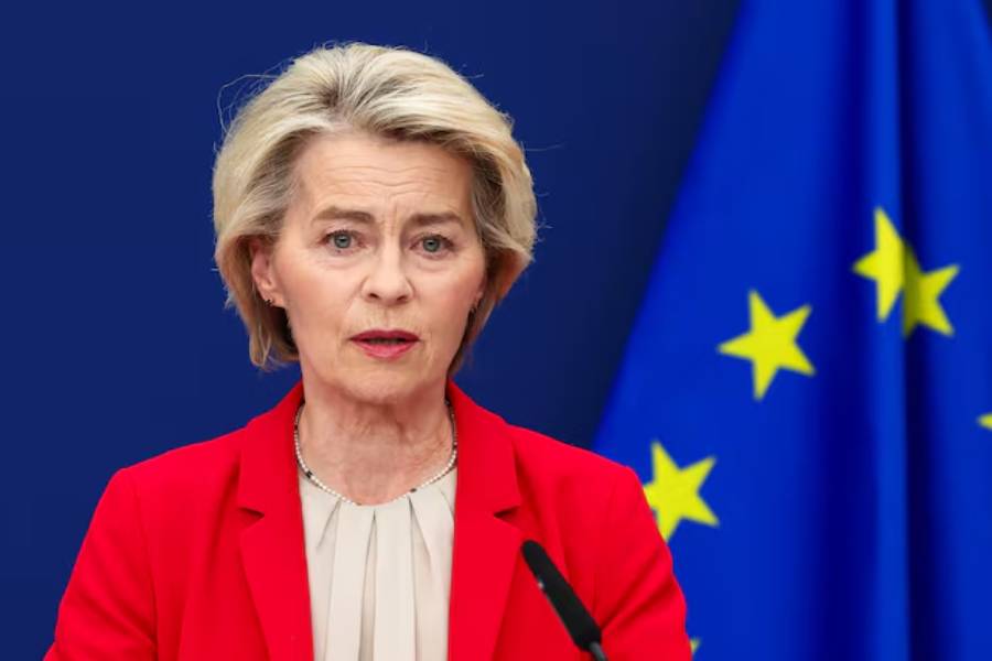 European Commission President Ursula von der Leyen speaks during a press point on 18th package of sanctions against Russia, in Brussels, Belgium June 10, 2025.