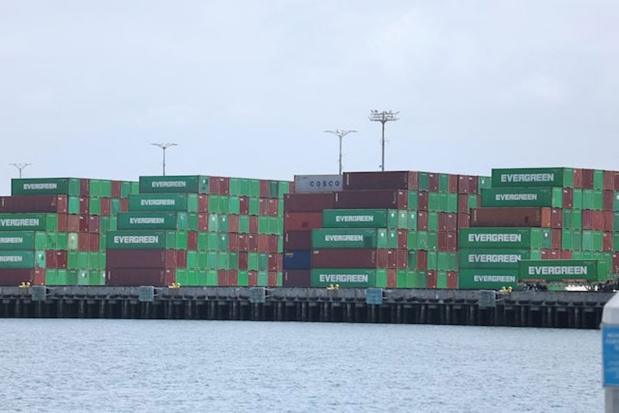 A few shipping containers sit in place at the Port of Los Angeles in San Pedro, California, US May 5, 2025.