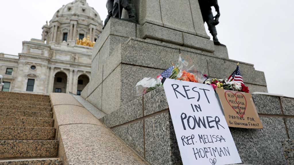A small memorial for senior Democratic state assemblywoman Melissa Hortman and her husband Marc, who were fatally shot, is displayed outside the Minnesota State Capitol in St Paul, Minnesota, US Jun 14, 2025. REUTERS/Ellen Schmidt