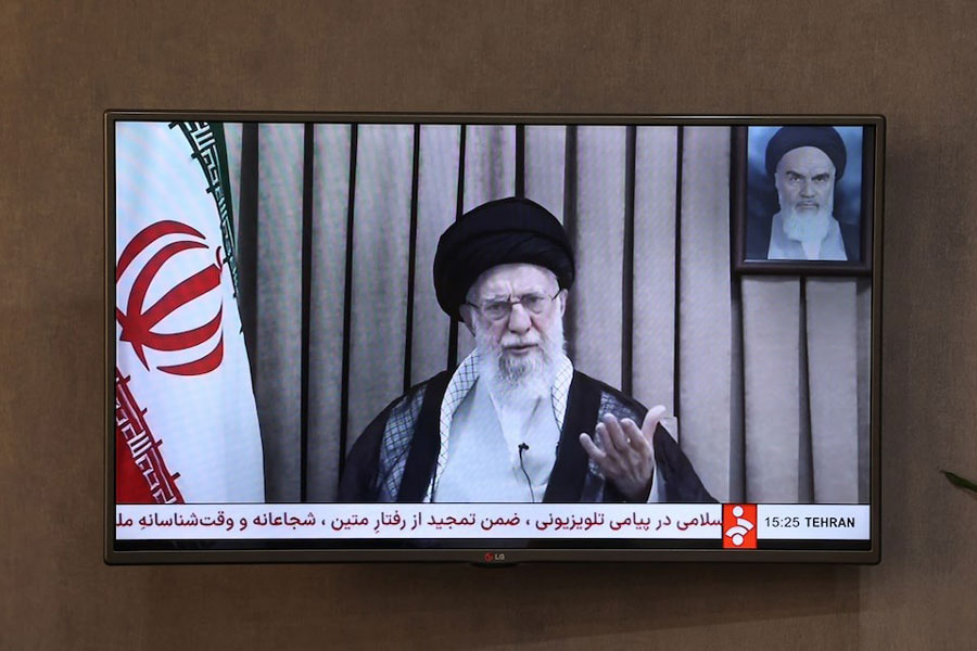 A TV screen displays the televised message of Iran's Supreme Leader, Ayatollah Ali Khamenei, during the Iran-Israel conflict in Tehran, Iran, June 18, 2025.