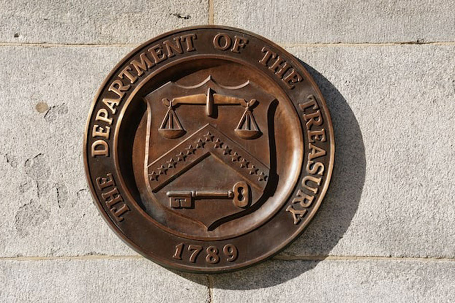 A bronze seal for the Department of the Treasury is shown at the US Treasury building in Washington, US, January 20, 2023.