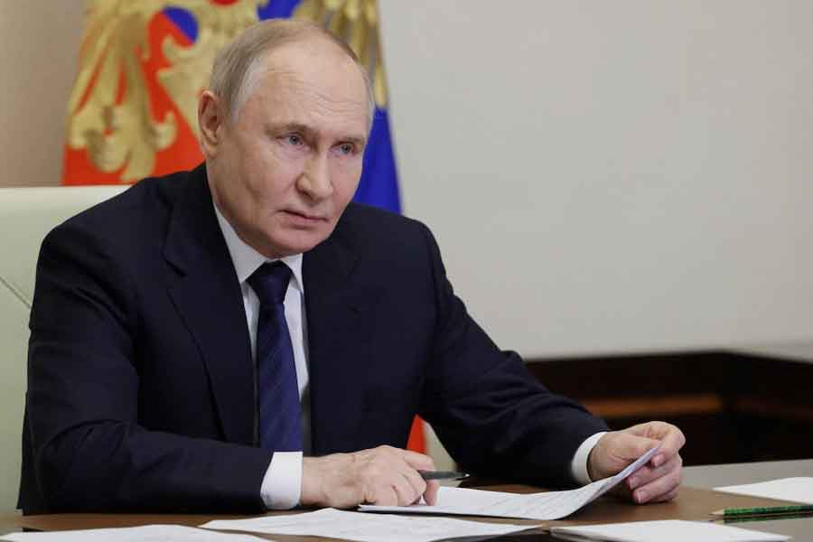 Russian President Vladimir Putin chairs a meeting dedicated to the foundation of cultural, educational institutions and museums via a video link at his residence outside Moscow, Russia, June 25, 2025.