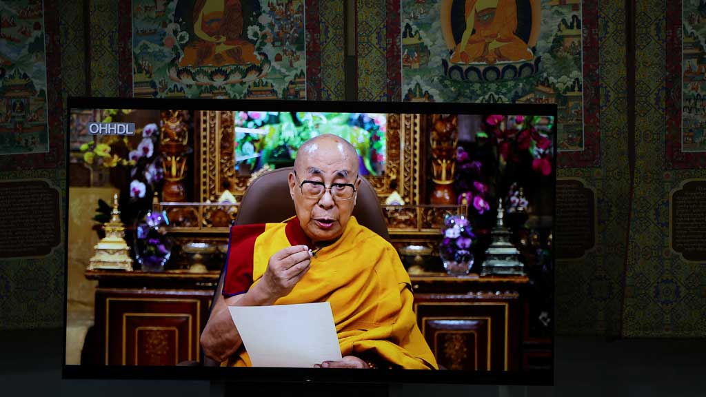 Tibetan spiritual leader Dalai Lama addresses via a video message at the inaugural session at the 15th Tibetan Religious Conference at the Dalai Lama Library and Archive near Tsuglagkhang, also known as Dalai Lama's Temple complex, in the northern hill town of Dharamshala, India, July 2, 2025. REUTERS/Anushree Fadnavis