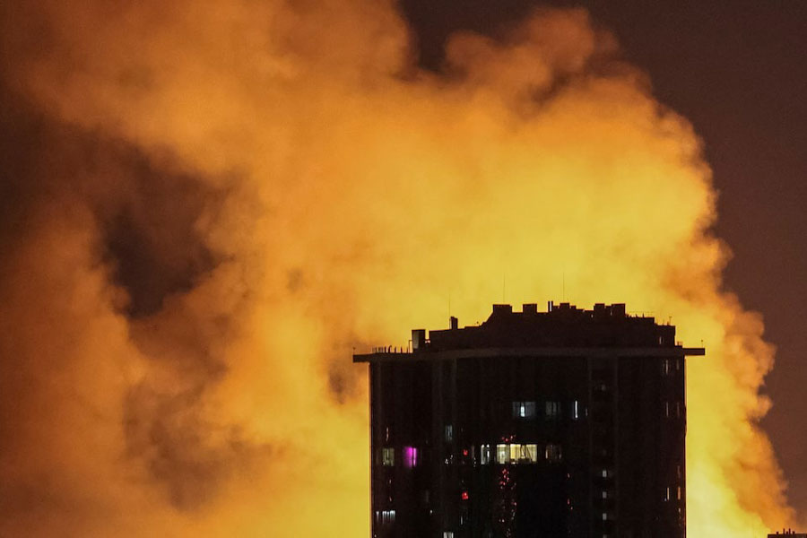 An explosion of a drone lights up the sky over the city during a Russian drone and missile strike, amid Russia's attack on Ukraine, in Kyiv, Ukraine July 4, 2025.