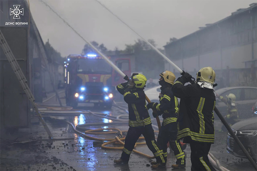 In this photo provided by the Ukrainian Emergency Service, firefighters put out the fire following a Russian attack in Volyn region, Ukraine on Wednesday, July 9, 2025 — Ukrainian Emergency Service via AP