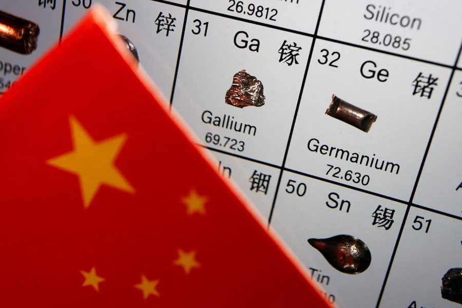 The flag of China is placed next to the elements of gallium and germanium on a periodic table, in this illustration picture taken on July 6, 2023.