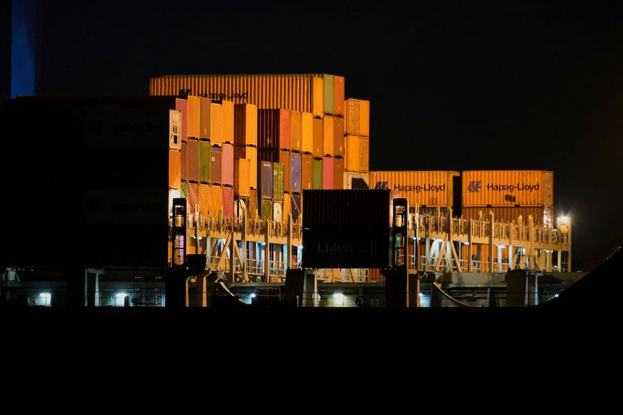 Containers are stacked at the loading terminal "Altenwerder" in the port of Hamburg, Germany, February 17, 2025.