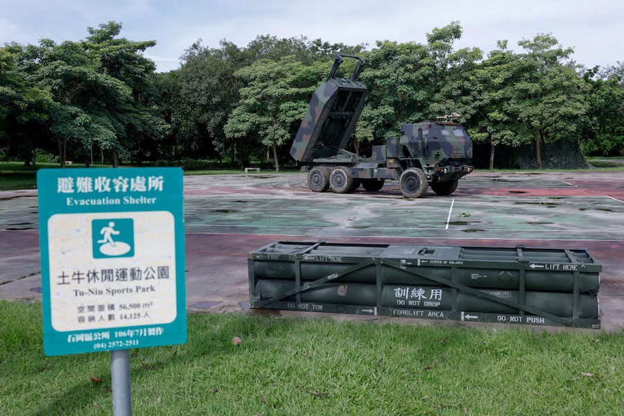 A High Mobility Artillery Rocket System (HIMARS) is on display at a park during Taiwan’s annual Han Kuang military exercise in Taichung, Taiwan July 12, 2025.