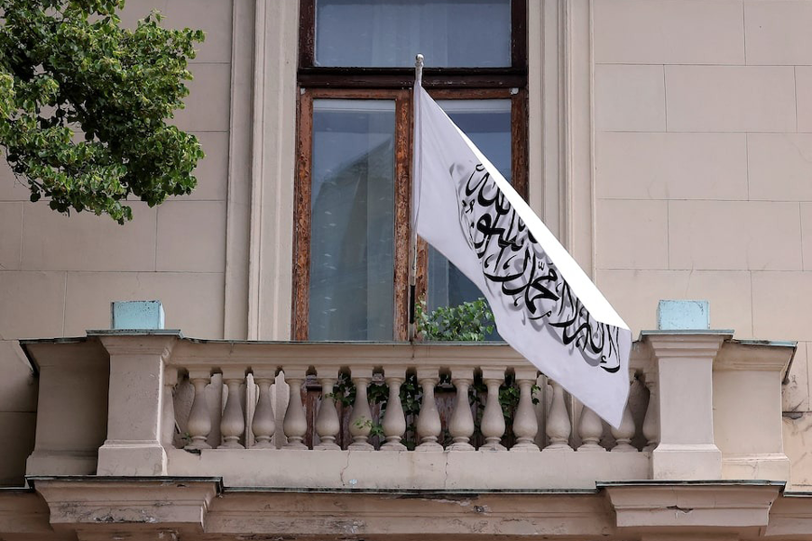 A view shows the Islamic Emirate of Afghanistan flag at the Afghan embassy, after Russia became the first country to recognise the Taliban government in Afghanistan, in Moscow, Russia July 4, 2025.