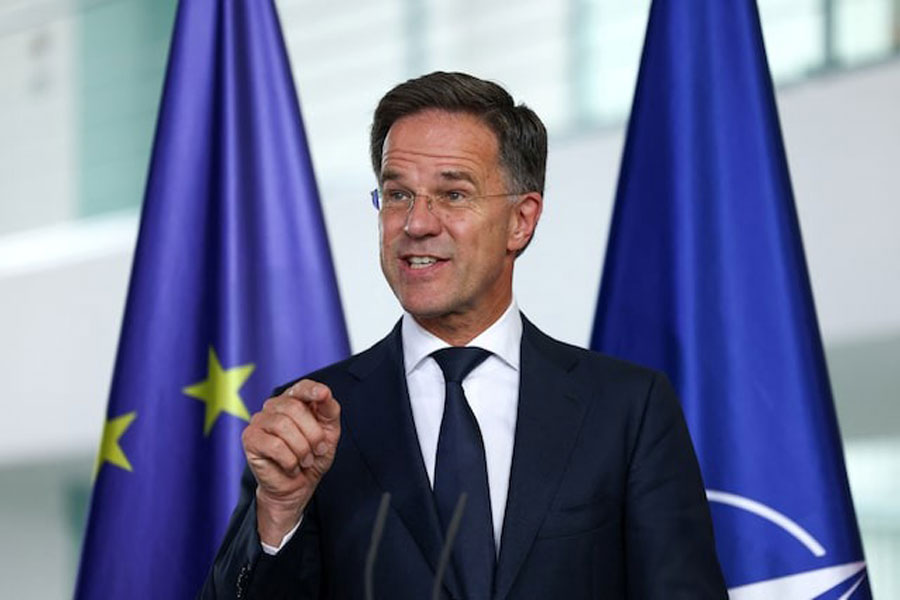 NATO Secretary General Mark Rutte speaks as he and German Chancellor Friedrich Merz (not pictured) address the media, in Berlin, Germany, July 9, 2025.