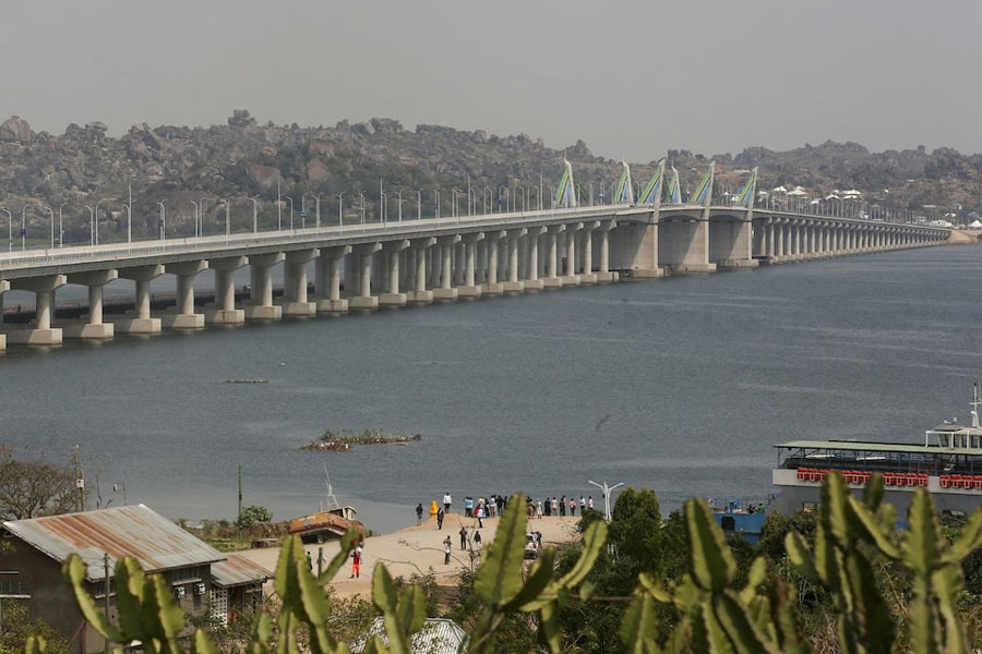 A general view shows the 3.2 Kilometre Kigongo–Busisi Bridge, named John Pombe Magufuli Bridge that crosses the southern end of Lake Victoria at a cost of approximately $300 million, in Mwanza, Tanzania June 19, 2025.
