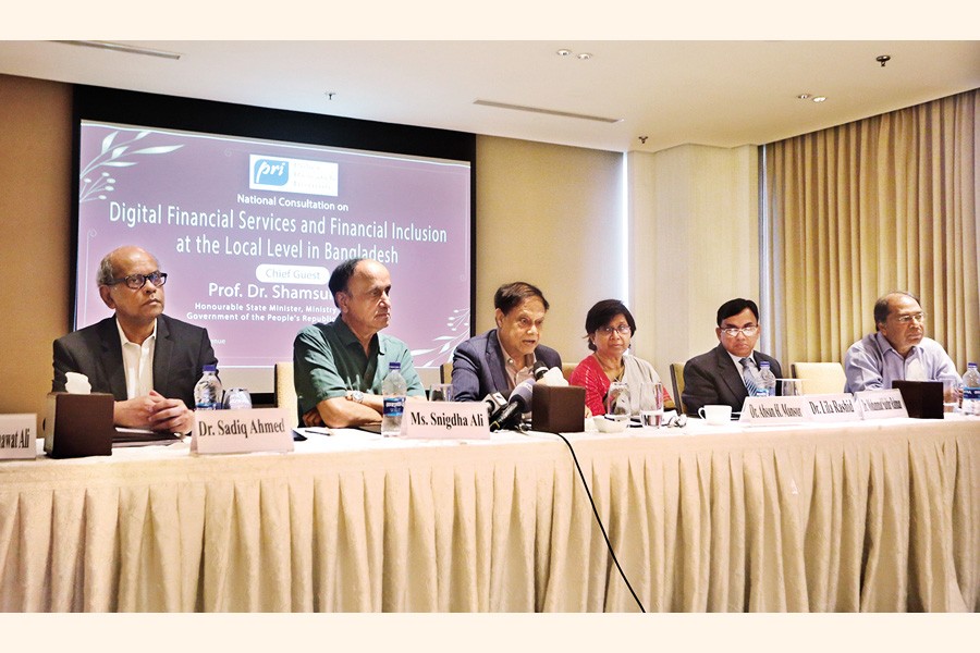 Executive Director of Policy Research Institute Ahsan H Mansur speaks at a meeting titled "Access to Digital Financial Services for the Plain Land Indigenous Population in Northern Bangladesh" held at a hotel in Dhaka on Thursday. — FE photo