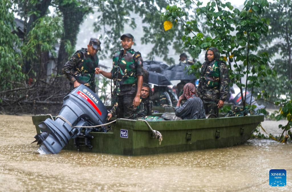 Soldiers conduct rescue work in a flood-hit area in Sylhet, Bangladesh, on June 18, 2022—Xinhua Photo