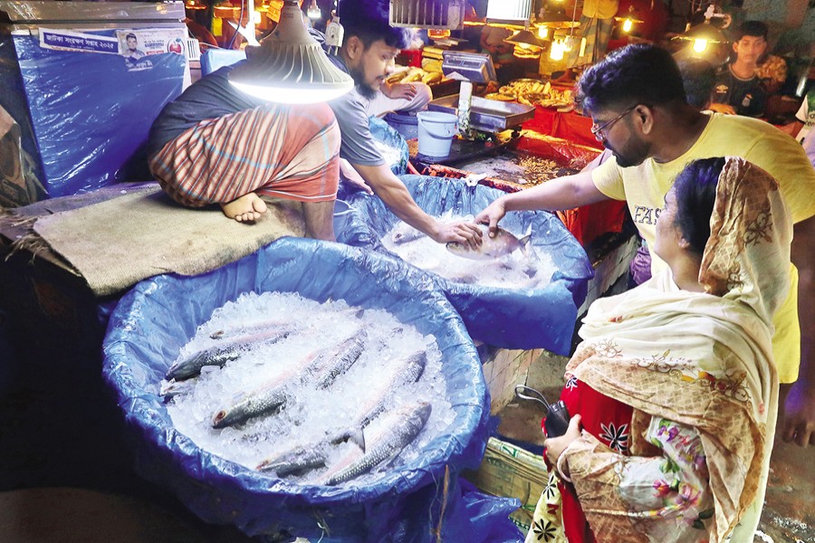 Two buyers at an outlet in the capital's Karwan Bazar fish market on Friday. Exorbitant prices have taken the fish beyond the purchasing capacity of the commoners. — FE PhotoTwo buyers at an outlet in the capital's Karwan Bazar fish market on Friday. Exorbitant prices have taken the fish beyond the purchasing capacity of the commoners. — FE Photo