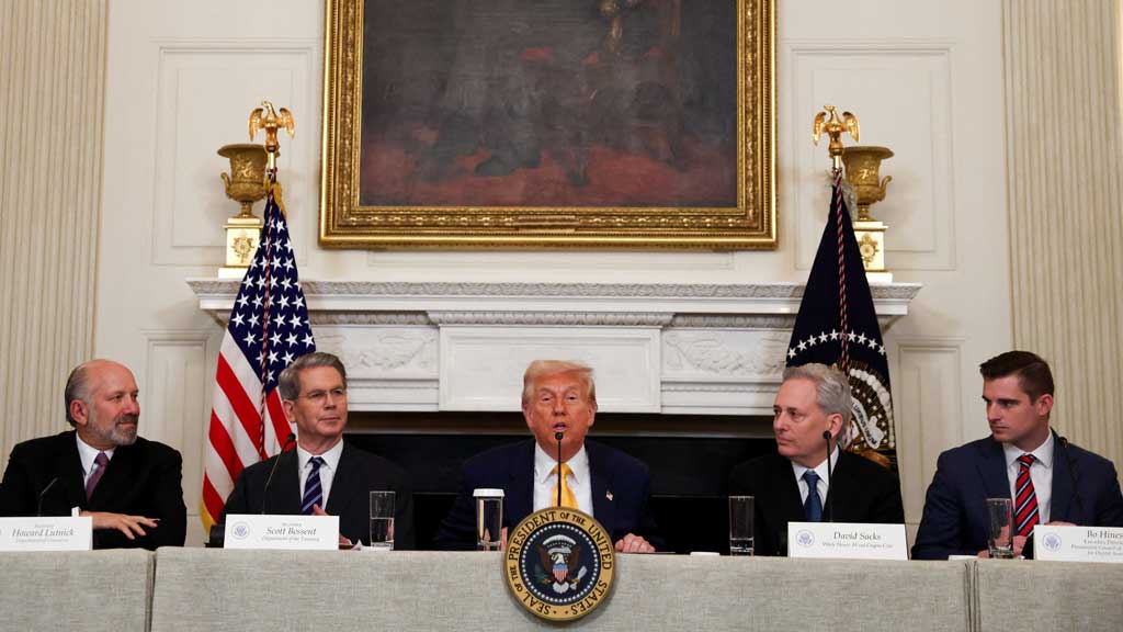 US President Donald Trump speaks as Crypto czar David Sacks, US Treasury Secretary Scott Bessent, US Commerce Secretary Howard Lutnick, and Executive Director of the Presidential Council of Advisers for Digital Assets Bo Hines attend the White House Crypto Summit at the White House in Washington, DC, US, March 7, 2025. REUTERS