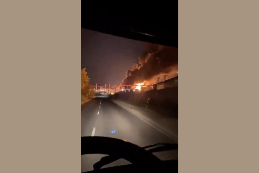 Smoke and fire rise from an industrial facility, which, according to the governor of the southern Russian region, was damaged in a Ukrainian drone attack, in Saratov, Russia, in this sreengrab obtained from social media video released on August 10, 2025. Social Media via REUTERS THIS IMAGE HAS BEEN SUPPLIED BY A THIRD PARTY. MANDATORY CREDIT. NO RESALES. NO ARCHIVES. VERIFICATION - Reuters was able to independently verify the location with the buildings, road layout, streetlights, and towers seen in the video that matched the file and satellite imagery of the area. - Reuters was not able to independently verify the date when the video was filmed. However, Governor of Saratov Region Roman Busargin confirmed the attack on region in a Telegram post. A large heat signature was also registered by NASA FIRMS (Fire Information Resource Managment system) today (August 10) in the area.