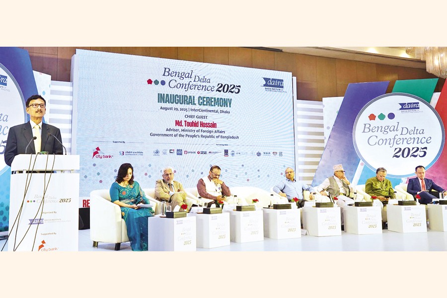 Foreign Affairs Adviser Md. Touhid Hossain speaks at the inaugural ceremony of the Bengal Delta Conference 2025 at a city hotel on Friday