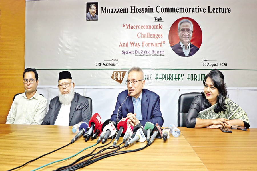 Former lead economist at the World Bank's Dhaka office Dr Zahid Hussain on Saturday speaks at the "Moazzem Hossain Commemorative Lecture," organised by the Economic Reporters' Forum (ERF) at its auditorium in memory of its founder-president Moazzem Hossain, who was also the founding editor of The Financial Express. Chairman of International Publications Limited and President of the International Chamber of Commerce Bangladesh Mahbubur Rahman also addressed the event, presided over by ERF President Doulot Akter Mala