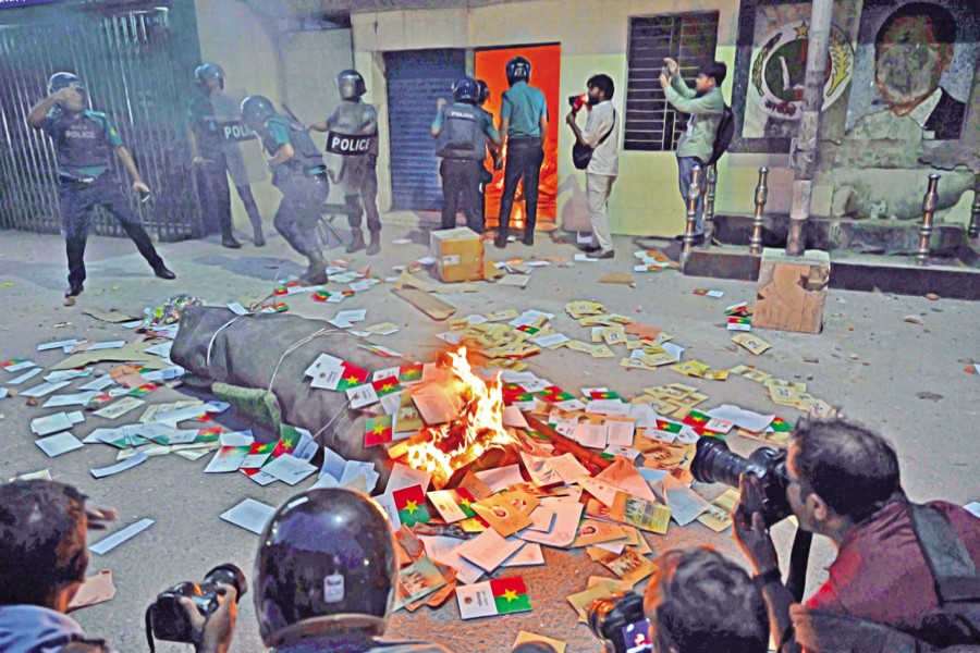 Activists of Gono Odhikar Parishad ransack and set fire to the central office of Jatiya Party in Dhaka's Kakrail on Saturday