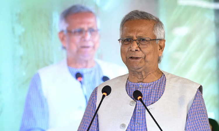 Chief Adviser Professor Muhammad Yunus toady addressed a function, marking the inauguration of the new building (Bhaban-2) of the Palli Karma-Sahayak Foundation (PKSF) in the city's Mohammadpur area. Photo: PID