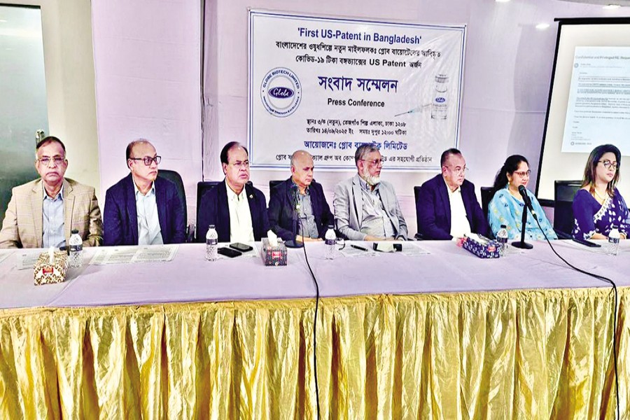 Globe Biotech's Covid vaccine 'Bangavax' secures US patent Dr Kakon Nag, a scientist at Globe Biotech, Md Harunur Rashid, Chairman, Globe Pharmaceuticals Group of Companies Limited, and Dr Muhammad Zakir Hossain, managing director of Delta Pharma Limited, and also secretary general of the Bangladesh Association of Pharmaceutical Industries ( BAPI), attended a press conference titled "First US Patent in Bangladesh: A New Milestone in the Pharmaceutical Industry" at its Tejgaon office in the capital on Sunday.