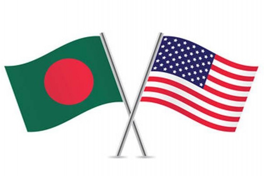 Flags of Bangladesh and the United States are seen cross-pinned in this photo symbolising friendship between the two nations