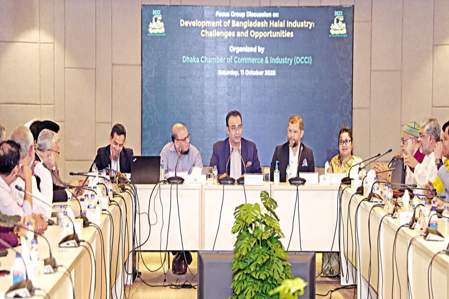 Participants at a discussion titled 'Development of Bangladesh Halal Industry: Challenges and Prospects', organised by the Dhaka Chamber of Commerce & Industry at its office in the capital on Saturday.