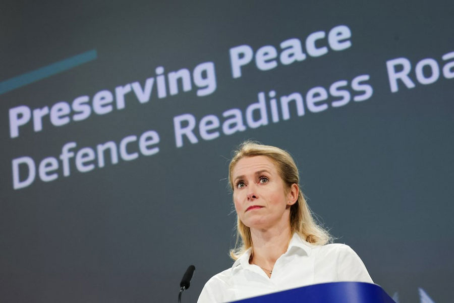 EU High Representative for Foreign Affairs and Security Policy Kaja Kallas presents "Defence Readiness Roadmap 2030", during a press conference in Brussels, Belgium October 16, 2025.