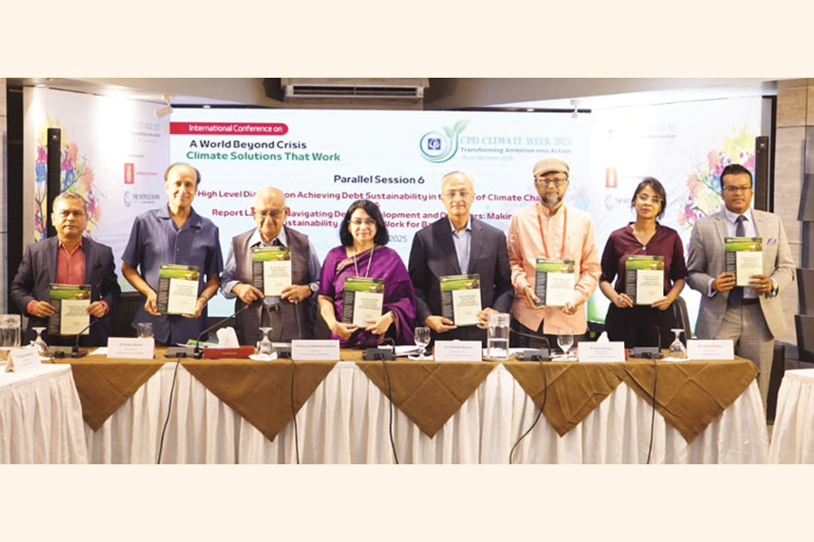Guests, authors and speakers at the formal launching of the report ‘Navigating Debt, Development and Disasters: Making Debt Sustainability Analyses Work for Bangladesh’ at a session in the international conference titled ‘A World Beyond Crisis: Climate Solutions That Work’ on Saturday in Dhaka —CPD Photo