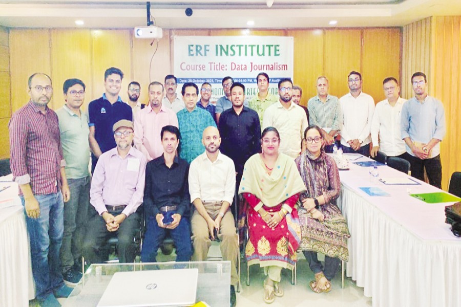 Trainers and participants of a training course on data journalism pose for a photo at the ERF auditorium in Paltan Tower, Dhaka on Saturday.