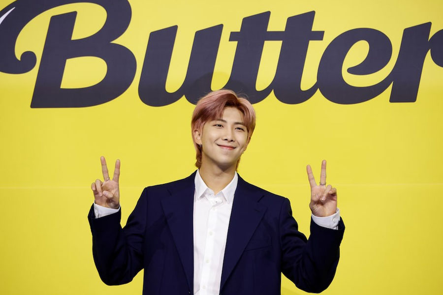 K-pop boy band BTS member RM poses for photographs during a photo opportunity promoting their new single 'Butter' in Seoul, South Korea, May 21, 2021.