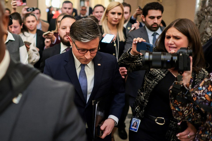US House Speaker Mike Johnson (R-LA) departs the House floor, following the vote of the U.S. House of Representatives, which passed the bill seeking to release files related to the late convicted sex offender Jeffrey Epstein, on Capitol Hill in Washington, DC, US, on November 18, 2025 — Retuers photo