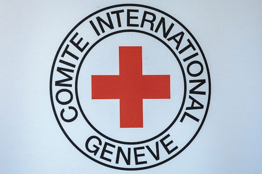 Logo of the ICRC is seen during the press conference in Geneva, Switzerland, September 11, 2023.