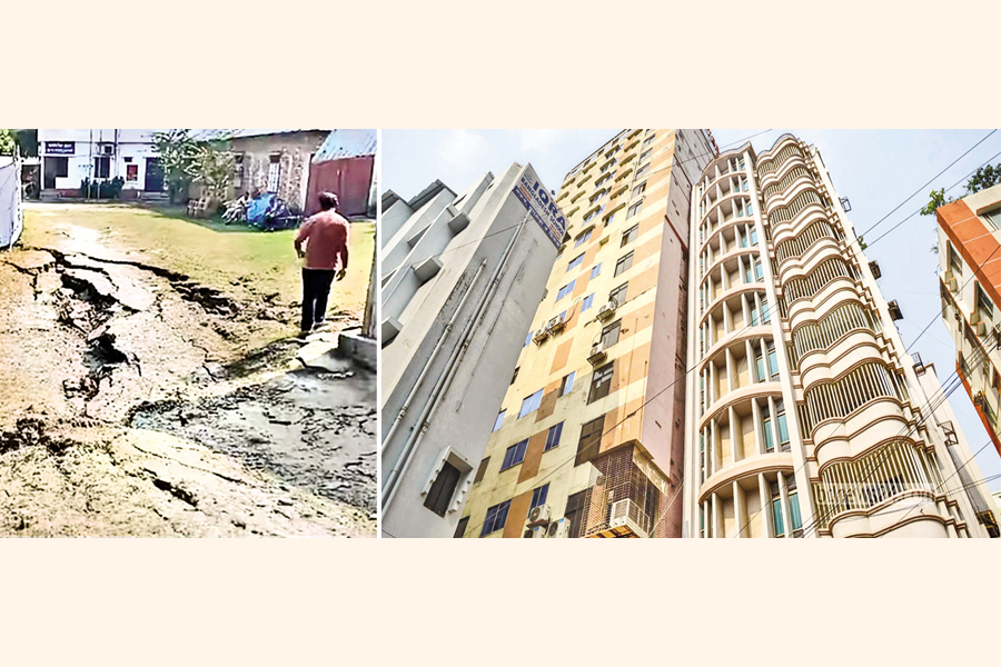 (Left) A road in Narsingdi subsides and (Right) a high-rise building leans toward another in the city's Rampura area as a major earthquake strikes the country on Friday morning. — Photo: collected and bdnews24.com