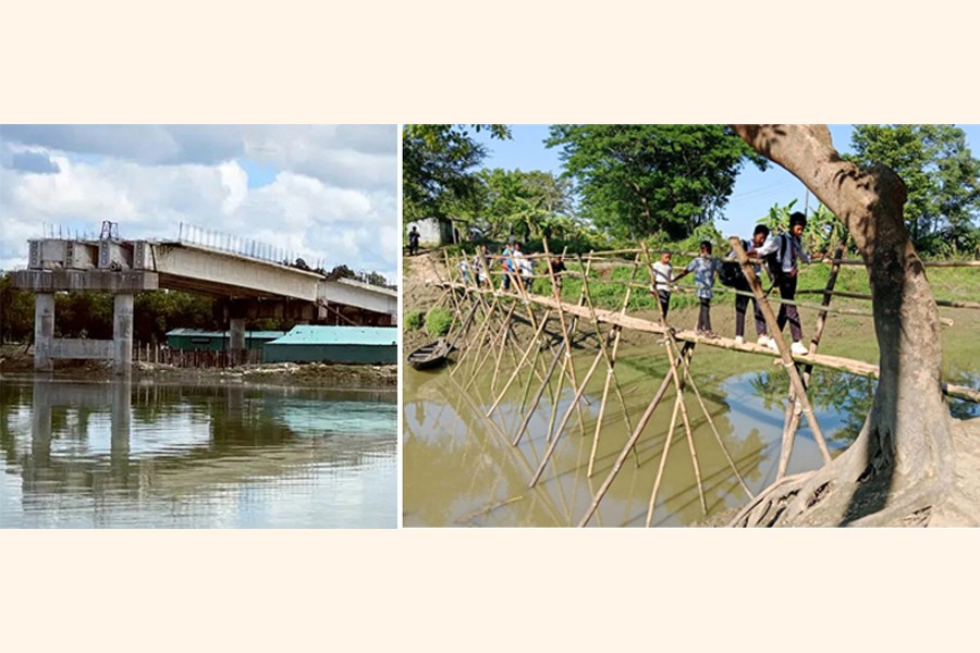 The photo shows an under-construction bridge covering Khurushkhul and Varuakhali unions in Sadar Upazila of Cox's Bazar district (left) and School students cross the makeshift bamboo bridge over the Korti canal in Paton- Phulmalik area of Alinagar union in Sylhet's Beanibazar upazila - FE Photo