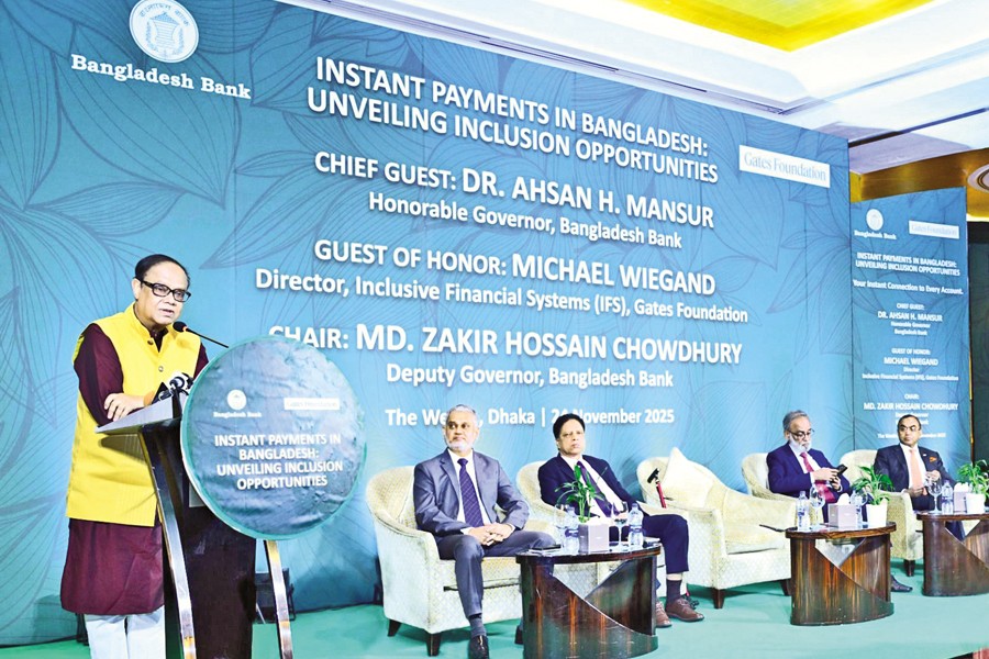 Bangladesh Bank Governor Dr Ahsan H Mansur speaks at a views-exchange meeting titled 'Instant Payments in Bangladesh: Unveiling Inclusion Opportunities' at a city hotel on Monday — FE photo