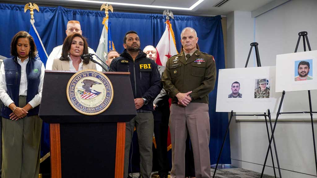US Attorney for DC Jeanine Pirro speaks during a press conference with FBI Director Kash Patel and other authorities about the shooting of two National Guard members on Nov 26, in Washington, DC, US, Nov 27, 2025. REUTERS/Nathan Howard. Displayed on the right pictures of two National Guard members who were shot, along with a picture of the Afghan suspect, Rahmanullah Lakanwal.