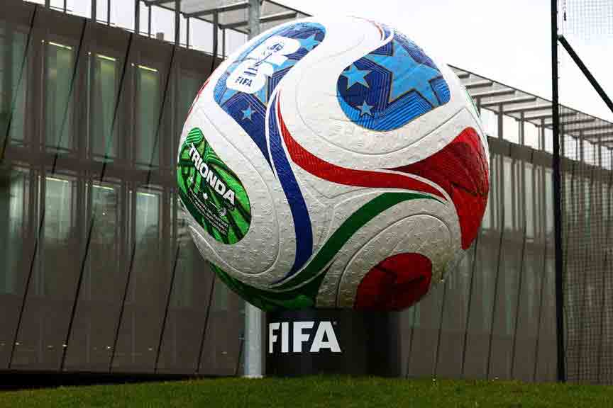 World Cup Playoff Tournament and European Playoff draws - FIFA Headquarters, Zurich, Switzerland- Nov 20, 2025 General view of a built replica of Trionda, the official match ball for FIFA World Cup 2026 REUTERS/Denis Balibouse