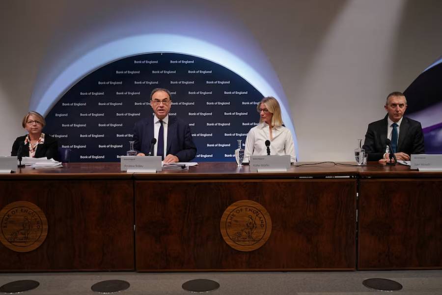 Sarah Breeden, Deputy Governor for Financial Stability, Andrew Bailey, Governor of the Bank of England, Katie Martin Head of Media and Stakeholder Engagement of The Bank of England and Sam Woods, Deputy Governor for Prudential Regulation, attend the Bank of England financial stability report press conference, at the Bank of England, London. Picture date: Tuesday December 2, 2025.