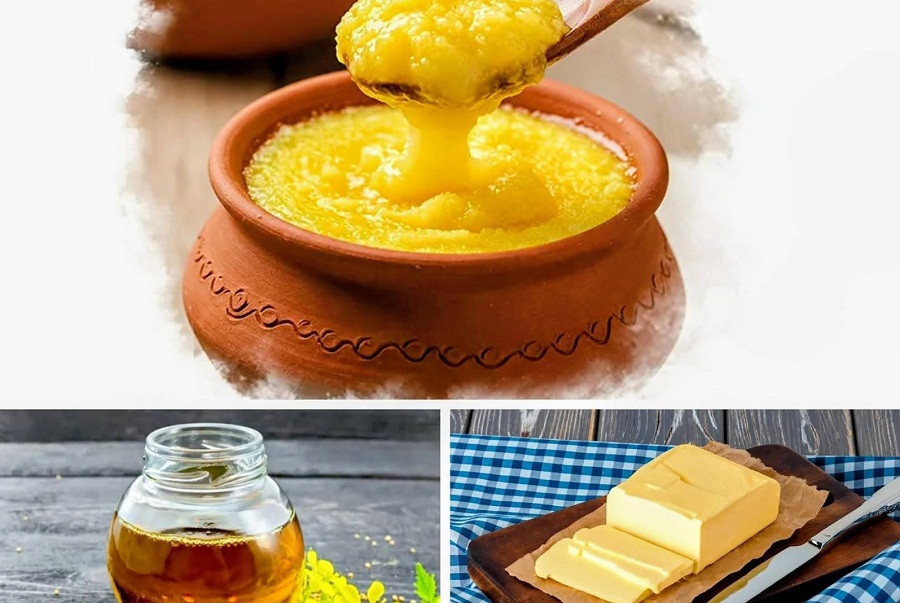 (উপরে) ঘি, (নিচে)সরিষার তেল ও মাখন