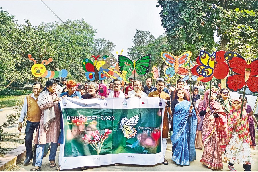 BEAUTIFUL BUTTERFLIES: The Jahangirnagar University organised a colourful parade on the campus on Friday on the occasion of its Annual Butterfly Fair 2025. — FE Photo