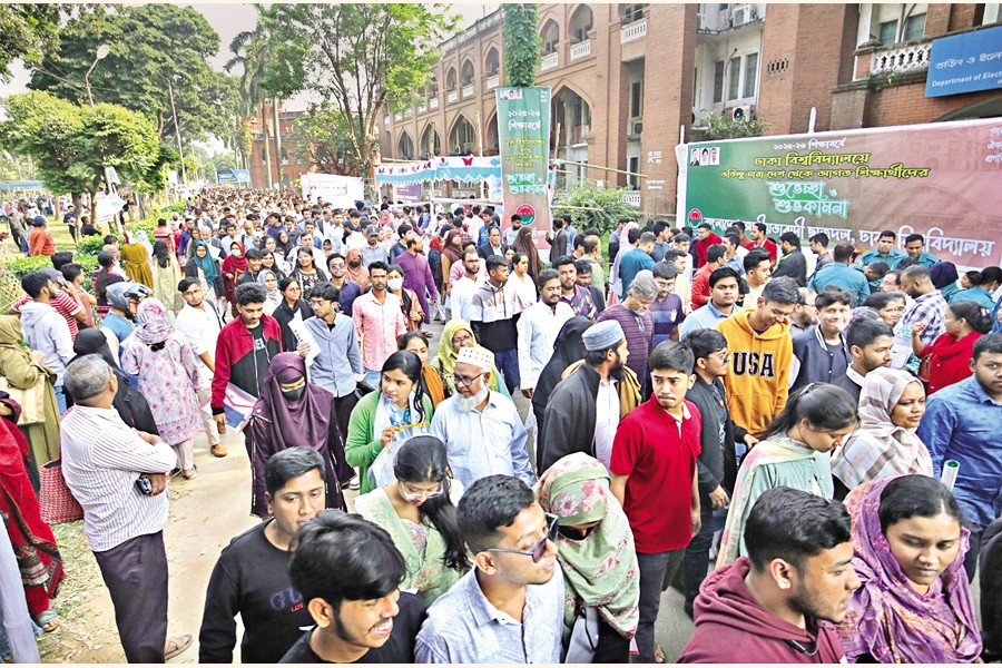 Candidates come out of the Curzon Hall centre after theadmission test for the first-year undergraduate programme under Dhaka University's 'Business Studies Unit' was held on Saturday. — FE Photo