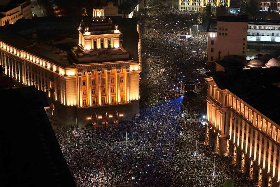 A drone view shows protesters demonstrating outside the parliament during an anti-government rally, in Sofia, Bulgaria, December 10, 2025.