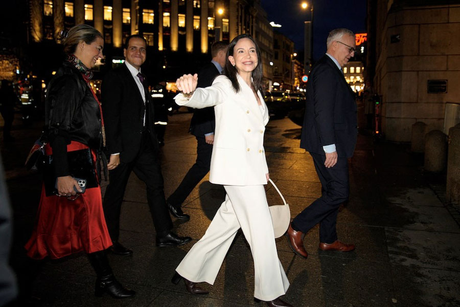Nobel Peace Prize laureate Maria Corina Machado reacts on her way to visit the Storting, in Oslo, Norway December 11, 2025.