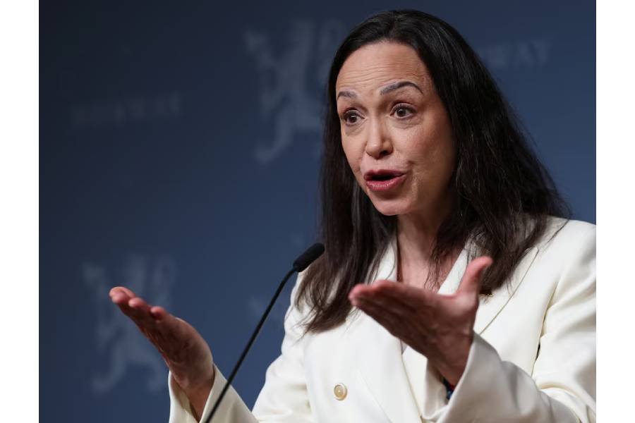 Nobel Peace Prize laureate and Venezuelan opposition leader Maria Corina Machado speaks during a press conference in Oslo, Norway December 11, 2025.