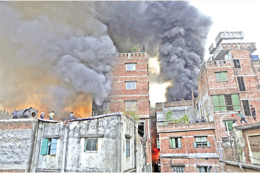 A fire breaks out at a plastic factory in the city's Islambagh area on Wednesday. — FE Photo
